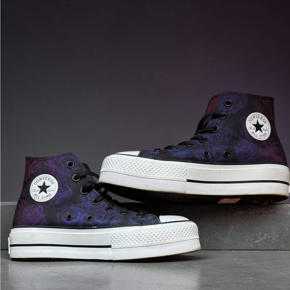 Converse Chuck Taylor All Star Black And Purple Watercolor Roses HiLift Sneakers - Picture 5 of 11